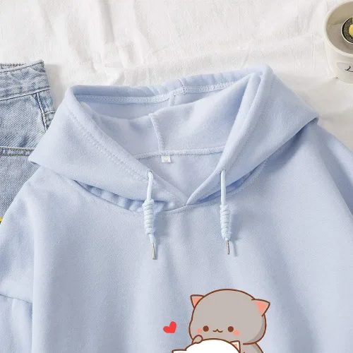 Vista 3 de Sudadera con capucha de algodón con estampado de gato lindo kawaii para mujer