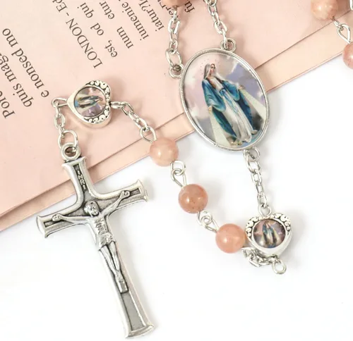 Vista 3 de Nazareth Store Cuentas de piedra natural con corazón de epoxi milagroso, cuentas de metal, collar de rosario, regalos cristianos de piedras preciosas