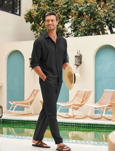 Vista 2 de COOFANDY Conjunto de 2 piezas de lino para hombre, camisa de manga larga con botones y pantalones sueltos, conjuntos de vacaciones en la playa
