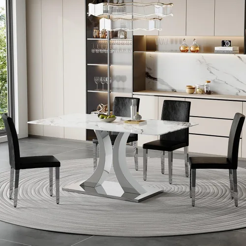 Vista 19 de Juego de mesa de comedor de mármol para 4, moderna mesa de oro blanco de 63 pulgadas con patas de marco de forma intercambiable y sillas de comedor