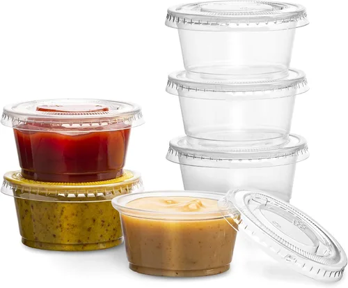 Vista 13 de Tazas de plástico transparente desechables para porciones, con tapa PlastiMade - Tazas desechables para condimentos, vasos para salsa/ aderezo