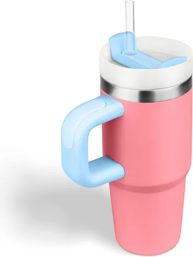 Vista 26 de Vaso de 14 oz con asa y pajita, vaso de 14 oz para niños con tapa y pajita, vasos de acero inoxidable para niños, para deportes al aire libre