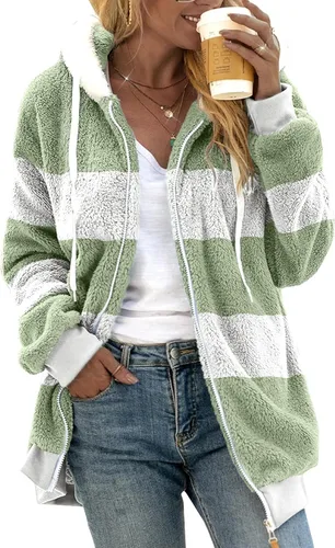 Vista 3 de Sudaderas de forro polar mullido con cuello con cremallera para mujer, de gran tamaño, cálidas, de oveja, con capucha y capucha, Blanco