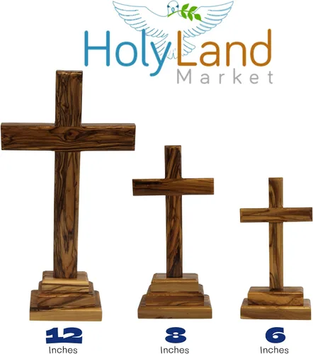 Vista 5 de Holy Land Market Cruz de altar de pie de madera de olivo de 6 pulgadas, tallada a mano en Belén por artesanos cristianos, crucifijo de mesa