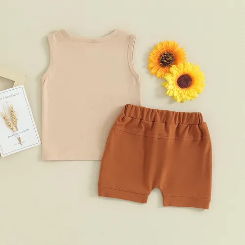 Vista 48 de Ropa de bebé niño sin mangas + pantalones cortos con estampado a rayas con bolsillos, 2 piezas de trajes de verano