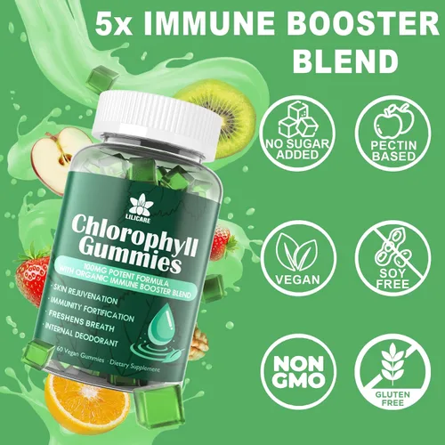 Vista 7 de Gomitas de clorofila - Nueva fórmula sin azúcar con ACV sin filtrar, musgo marino y saúco - Aumento de energía, apoyo del sistema inmunológico