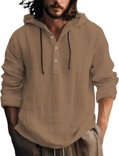 Vista 26 de Camisas de lino para hombre, ligeras, con botones, de manga larga, con capucha, ajuste regular, de algodón, para la playa