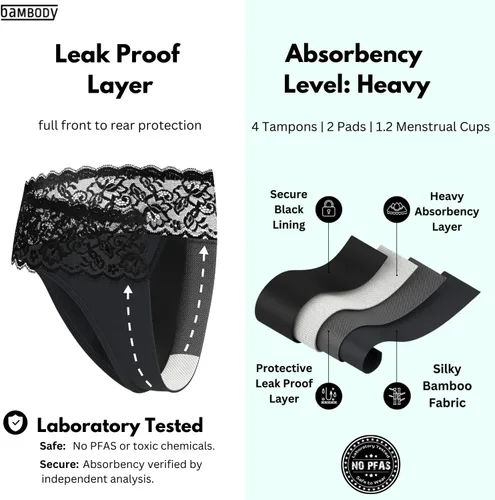 Vista 3 de Bambody Absorbent Bikini Lace Period Underwear for Women & Teens - Menstrual, Bladder - Soft & Breathable - 4 Tampons