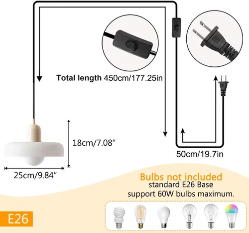 Vista 2 de Lámpara colgante de cristal vintage para isla de cocina, lámpara colgante enchufable con pantalla de vidrio blanco leche, cable enchufable, moderna