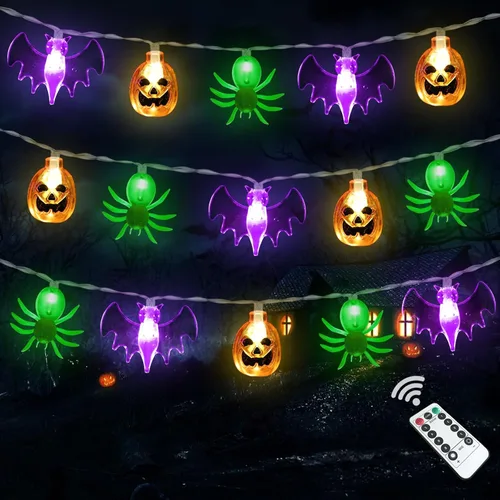 Vista 8 de Zimati Luces decorativas de Halloween, 16 pies, 30 LED, impermeables, 3D, calabaza, murciélago, fantasma, funciona con pilas, con temporizador, 8