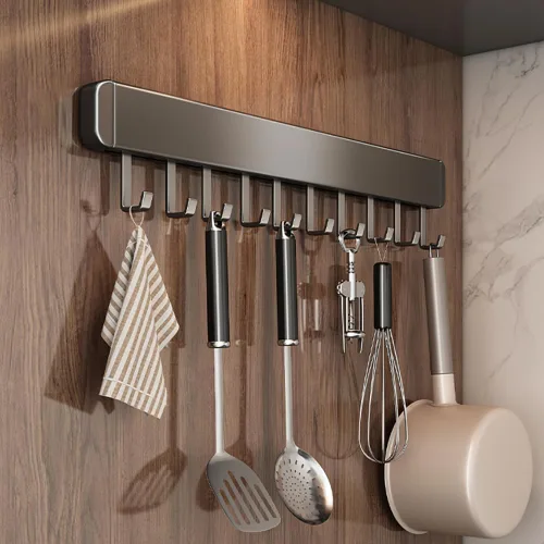 Vista 3 de Soporte para utensilios de cocina, ganchos de cocina, estantes para colgar utensilios de pared, autoadhesivo, debajo del gabinete, organizador