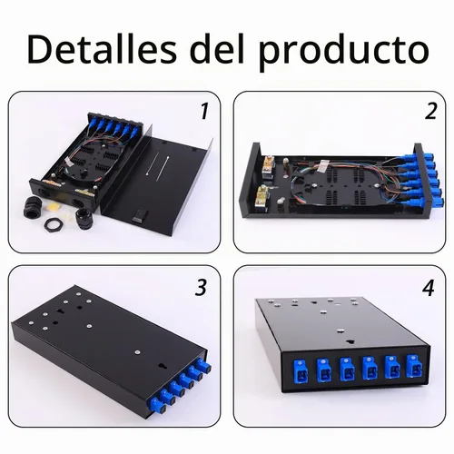 Vista 3 de Caja SC SM 6 puertos+Cables Montaje en pared Caja de fibra con módulo de empalme y cargado 6 puertos SC-UPC monomodo LGX Panel