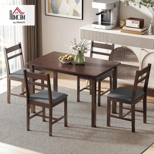 Vista 2 de HOMCOM Juego de mesa de comedor de madera maciza de 5 piezas para 4, nogal Nogal y gris