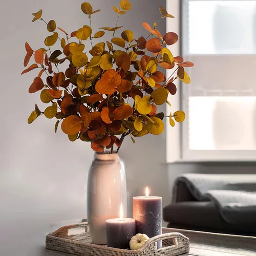 Vista 7 de 4 piezas de hojas artificiales de eucalipto de otoño, plantas de tallos verdes para el hogar, arreglo floral, boda, fiesta, otoño, Acción