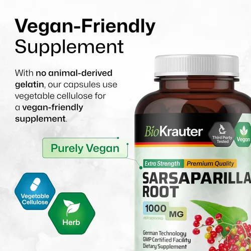 Vista 6 de BIO KRAUTER® Raíz de zarzaparrilla para apoyo hepático – Suplemento de hígado vegano y puro para limpiar 1000 mg por porción – Extracto natural