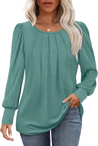 Vista 3 de XIEERDUO Camisas de manga larga plisadas con cuello redondo y manga abombada para mujer