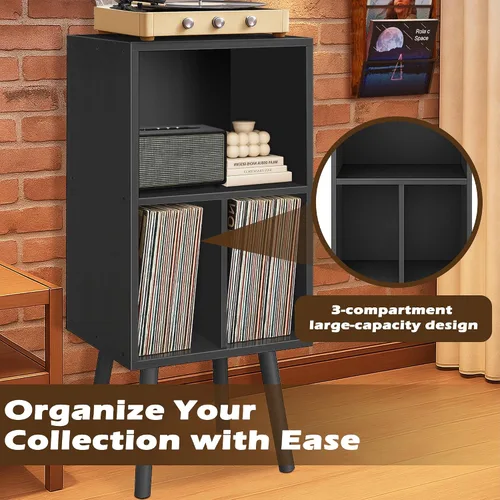 Vista 5 de Soporte para tocadiscos con almacenamiento de vinilo, soporte de madera para discos de vinilo de 3 niveles, gabinete para tocadiscos, soporte