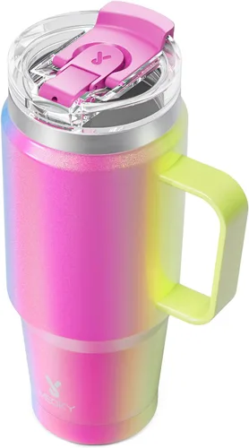 Vista 15 de Meoky Vaso de viaje de acero inoxidable de 40 onzas con asa, taza de viaje de acero inoxidable con tapa para sorber 2 en 1, taza de café aislada al