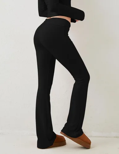Vista 6 de Pantalones de yoga plegables para mujer, corte de bota, acampanados, pantalones de tiro bajo, pantalones de descanso, Negro