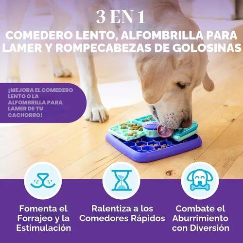 Vista 2 de Outward Hound Nina Ottosson Lick N' Flip 3-in-1 Dog Toy Treat Puzzle, 7.4" Lick N' Flip Treat (morado)
