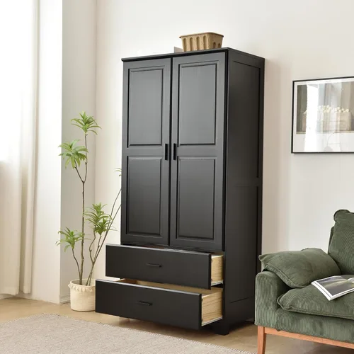 Vista 4 de Woodpecker's Inc Armario de madera maciza de pino con puertas elevadas y 2 cajones (negro)