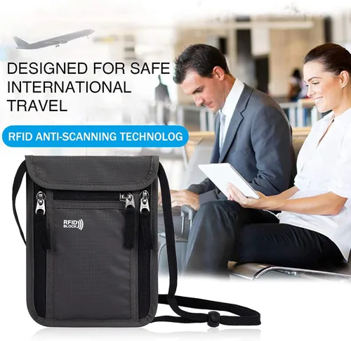 Vista 6 de Bolsa de viaje para el cuello, cartera para pasaporte familiar, funda organizadora con bloqueo RFID