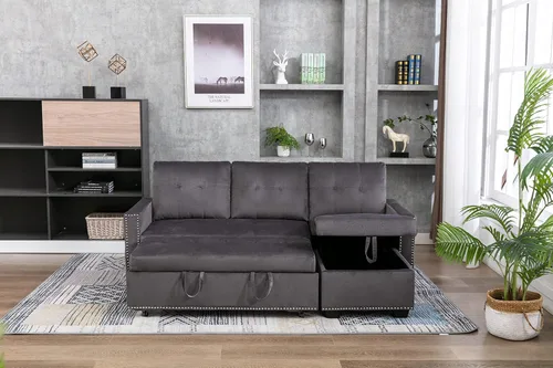 Vista 5 de Sofá cama modular reversible de 77 pulgadas, en forma de L, 2 asientos, con almacenamiento, tela de terciopelo con sensación de piel, color gris
