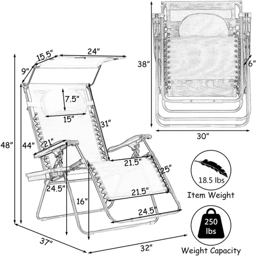 Vista 3 de HAPPYGRILL Zero Gravity - Sillón reclinable plegable para patio al aire libre, playa, patio, piscina, gris
