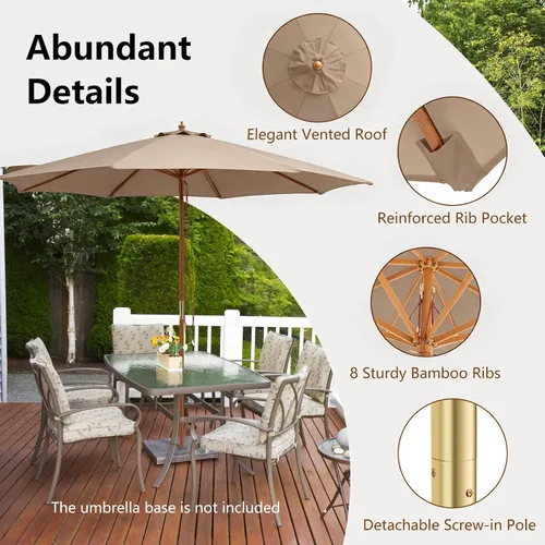 Vista 3 de HAPPYGRILL Sombrilla de madera para patio de 10 pies con polea de cuerda y Beige Bronceado