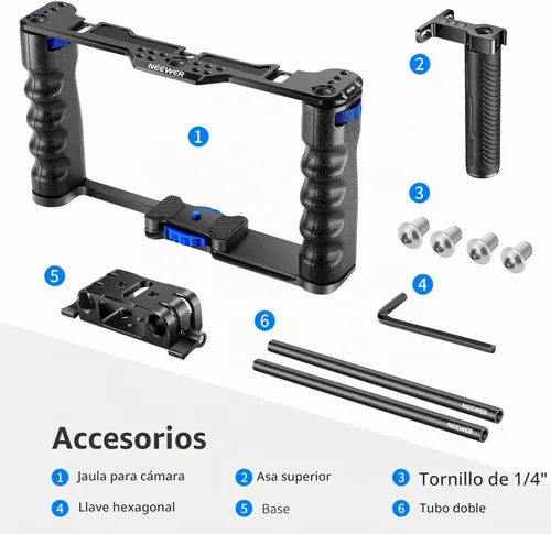 Vista 8 de NEEWER Jaula de cámara de aleación de aluminio, plataforma de cine con mango superior, empuñaduras dobles y base tipo arca, compatible con cámaras