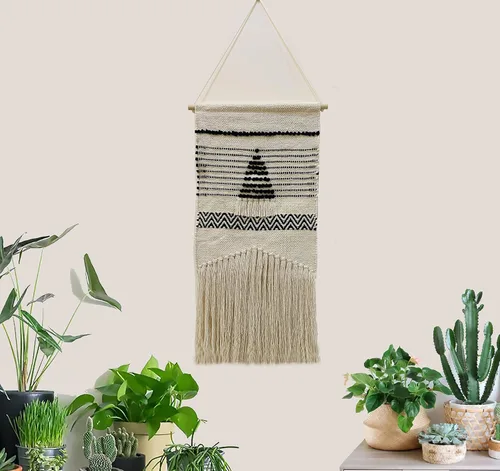 Vista 2 de NATURE4U Algodón tejido para colgar en la pared, decoración del hogar, bohemio, beige, geométrico, hecho a mano, 100% algodón, decoración artística