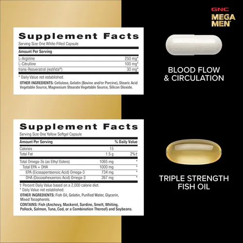 Vista 13 de GNC Mega Men Performance and Vitality Vitapak Program, nutrición completa conveniente, 5 productos en 1 paquete, circulación, flujo sanguíneo, salud