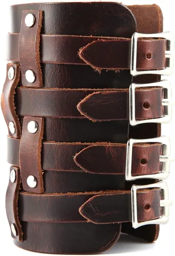 Vista 11 de HZMAN Brazalete ancho de cuero para hombre con correa triple y hebilla de cierre de armadura para brazo, 4 filas