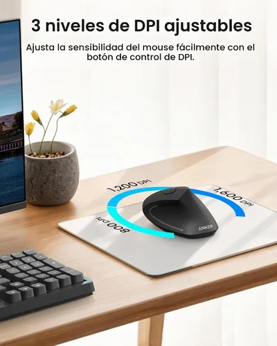 Vista 4 de Mouse óptico, ergonómico, vertical e inalámbrico 2.4G de Anker, modelos 800/1200/1600 ppp, con 5 botones y en color negro Multi-Device