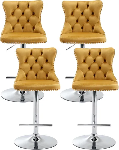 Vista 16 de Juego de 2 taburetes de bar beige, taburetes de bar tapizados ajustables con respaldo y reposapiés dorado, modernos taburetes de bar giratorios