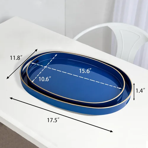 Vista 3 de MAONAME - Bandejas de servir azules con asas, bandeja decorativa ovalada para mesa de café, juego de bandejas anidadas de 2, bandeja de tocador