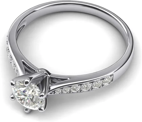 Vista 3 de Anillo de compromiso de oro blanco de 14 k de 1,0 quilates clásico de 6 puntas de diamante simulado con piedras laterales graduadas