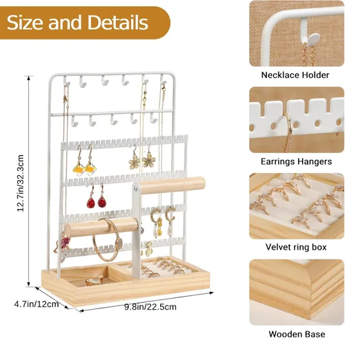 Vista 2 de JAZUIHA Organizador de joyas con organizador de aretes, collar y pulsera, colgador de 3 niveles para exhibición de joyas y almacenamiento de aretes