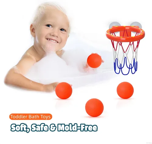 Vista 7 de Juguetes de baño – Aro de baloncesto para bañera para niños pequeños, niños y niñas 4 bolas sin agujero y ventosas fuertes Divertido juguete