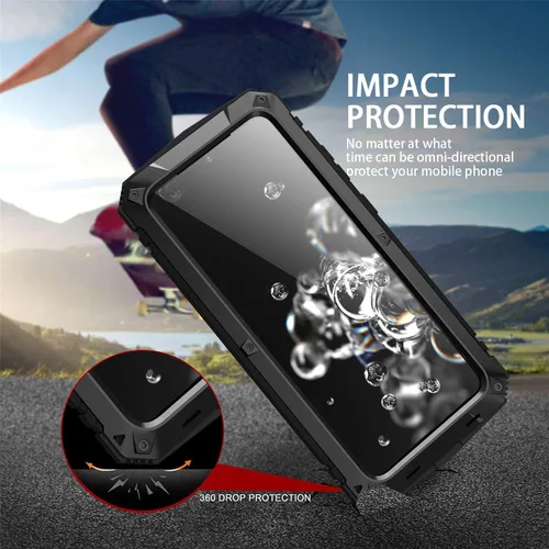 Vista 6 de Simicoo Funda de metal compatible con Samsung Note 20 Ultra con protector de pantalla militar, resistente a prueba de golpes, con soporte para Negro