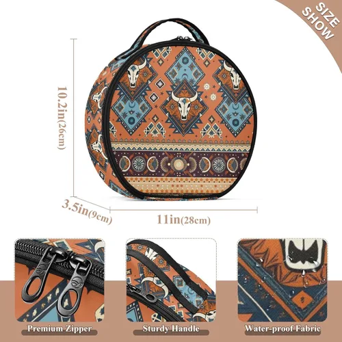 Vista 2 de ALAZA Bolsa de cosméticos de calaveras geométricas aztecas tribales indias, estuche organizador de maquillaje de viaje, bolsa de aseo portátil