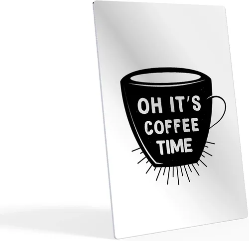 Vista 2 de HB Art Design Oh It's Coffee Time - Taza con cita y taza en blanco y negro con impresión de metal, arte de pared de cafetería, decoración