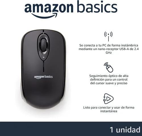 Vista 2 de Amazon Basics Ratón óptico inalámbrico para computadora de 2,4 GHz con receptor nano USB, negro