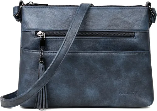 Vista 7 de MASINTOR Bolsos cruzados para mujer, bolso cruzado ligero y mediano, de cuero suave, bolsos de hombro para mujer con borla, Gris azul, Bandolera