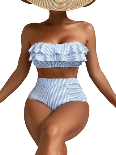 Vista 3 de Floerns Conjunto de bikini de 2 piezas con estampado de rayas de cintura alta y ribete con volantes para mujer
