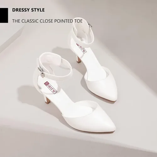Vista 4 de IDIFU IN3 D'Orsay Zapatos de tacón bajo para mujer, zapatos de vestir puntiagudos con puntera cerrada, correa de tobillo para novia, elegante