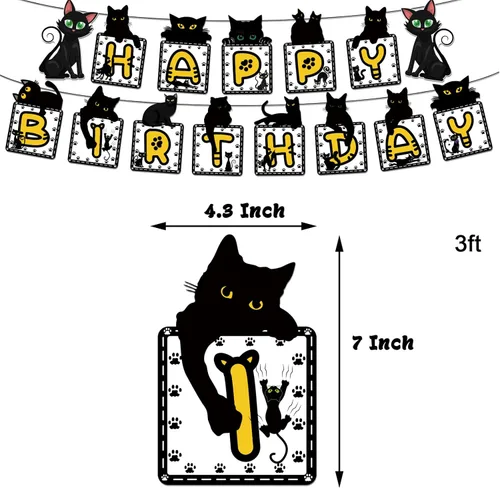 Vista 3 de Decoración de fiesta temática de gato, juego de suministros de fiesta de cumpleaños de gato negro, incluye fondos de gato negro de 5 x 3 pies