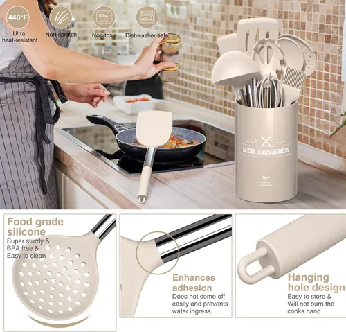 Vista 3 de AIKKIL Juego de utensilios de cocina de cocina, juego de espátula de silicona resistente al calor con soporte, 30 piezas de utensilios de cocina
