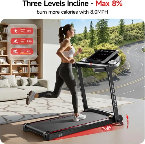 Vista 10 de RHYTHM FUN 8.0 MPH Treadmills for Home, Running Walking Pad Treadmill with Incline up to 8%, Foldable Treadmill with Handle Bar, Low Noise Walking
