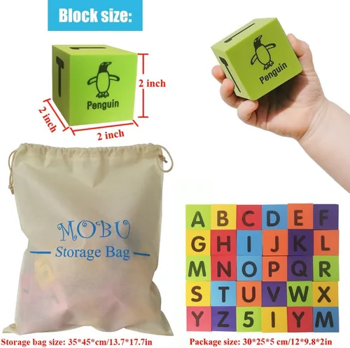 Vista 2 de MOBU Bloques de construcción de espuma para niños pequeños, 30 piezas de bloques de números de letras del alfabeto de 2 pulgadas con bolsa